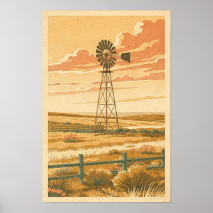 Prärie-Windmühle bei Dämmerung Retro-Reise Poster