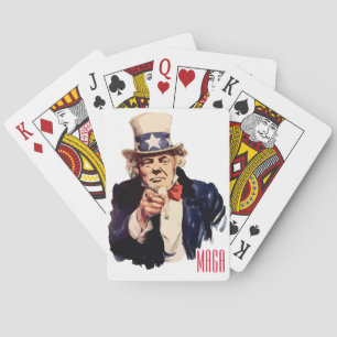 Präsident Donald Trump, der Uncle Sam Schildert Spielkarten