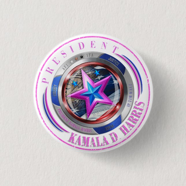 Präsident Harris/Walz Pink Briefmarke Medallion Button (Vorderseite)