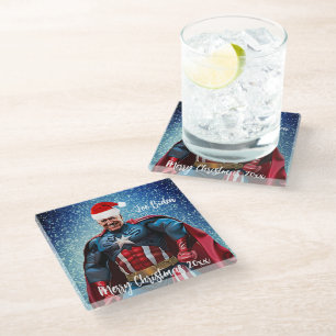 Präsident Joe Biden und Weihnachtsmannmütze Glasuntersetzer