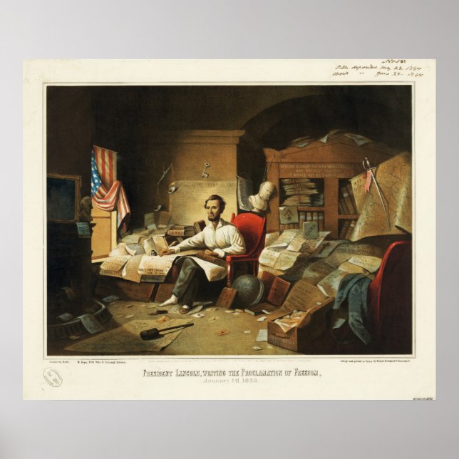 Präsident Lincoln schreibt Freiheitsverkündung Poster (Vorne)