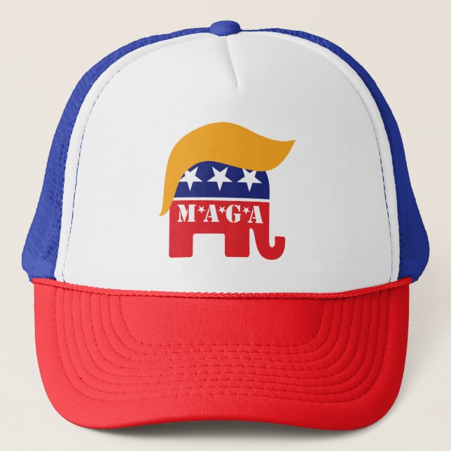 Präsident Trump 2020 GOP Elephant Hair MAGA Truckerkappe (Vorderseite)