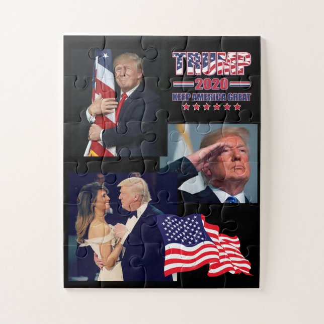 Präsident Trump umarmt die amerikanische Flagge (Vertikal)