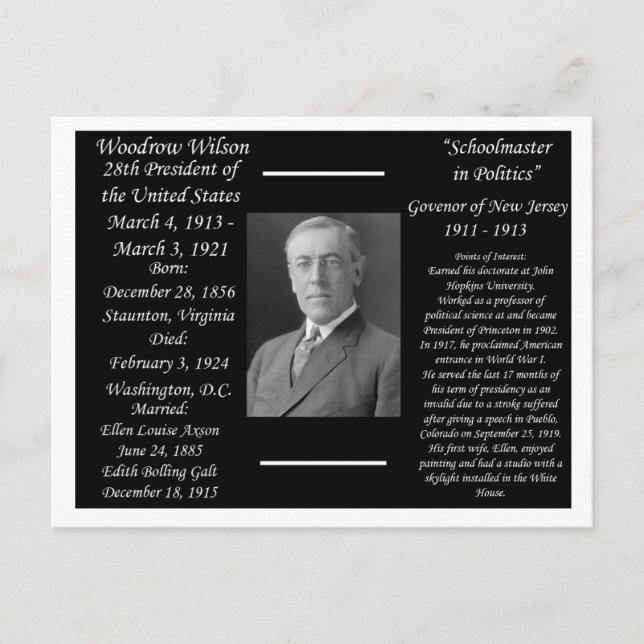 Präsident Woodrow Wilson Postkarte (Vorderseite)