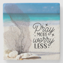 "Pray More Worry Less" Seashells on Sandy Beach Steinuntersetzer
