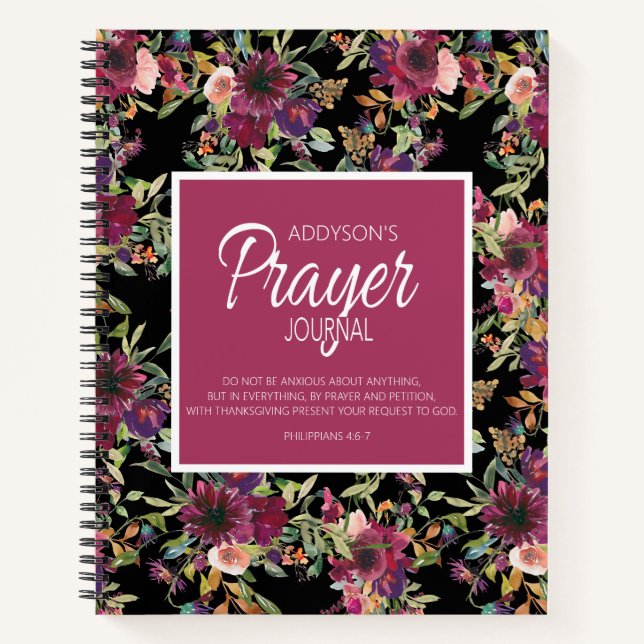 Prayer Journal Burgundy Pink Floral Black Notizbuch (Vorderseite)