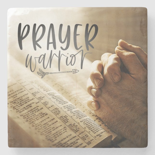 PRAYER WARRIOR Gebet Hände auf offene Bibel Steinuntersetzer (Vorderseite)
