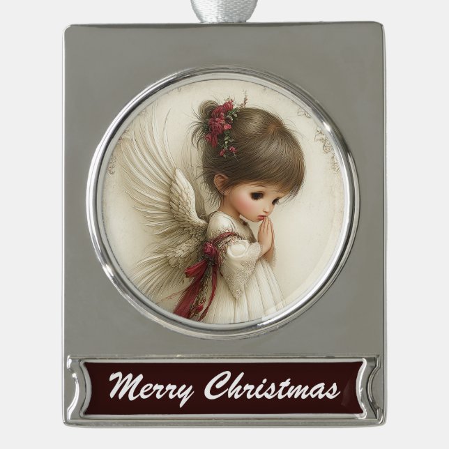Prayerful Angel – Christmas Banner Design Banner-Ornament Silber (Vorderseite)