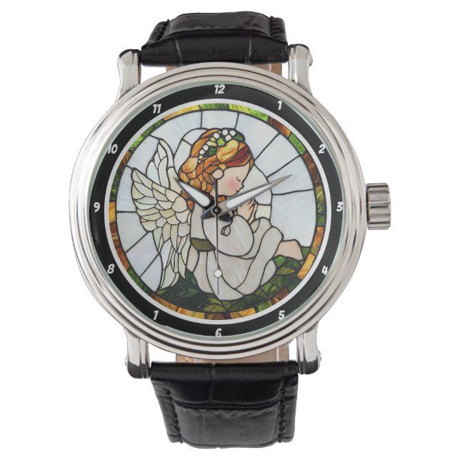 Praying Angel's Garden Stained Glass Floral Wall Armbanduhr (Vorderseite)