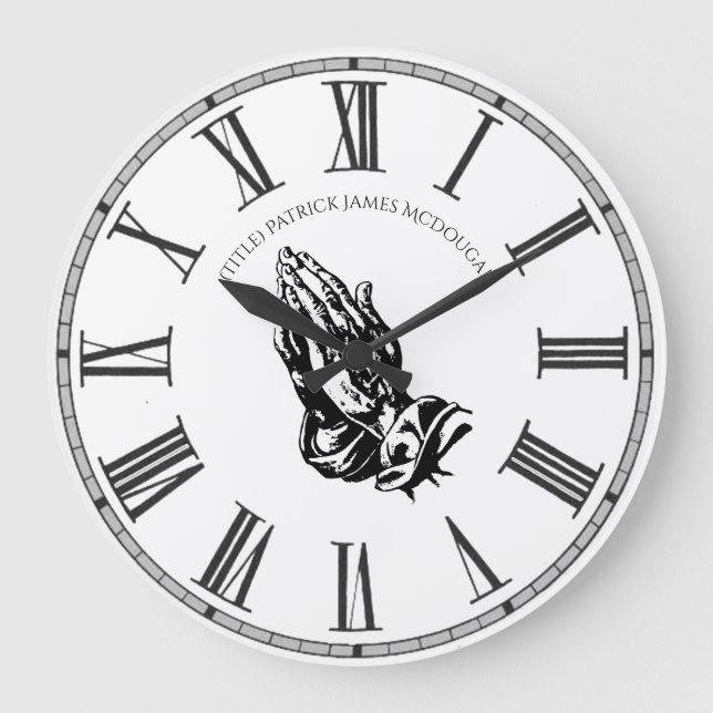 Praying Hand BlackWhite Personalisiert Church Fait Große Wanduhr (Vorderseite)