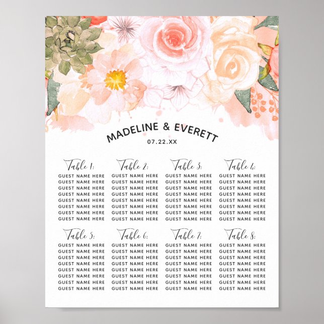 Präzekkulente Hochzeitstisch-Seekarte für Pfirsich Poster (Vorne)