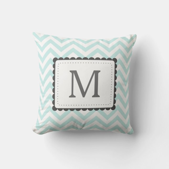 Präzisblau und weiß Zickzack Monogramm Kissen (Vorderseite)