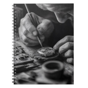 Präzise Hände Schwarz-weißer Watchmaker-Notebook Notizblock