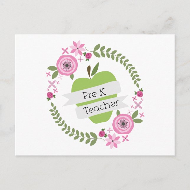 Pre K Teacher Floral Wreath Green Apple Postkarte (Vorderseite)