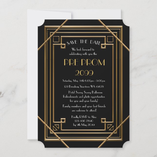 Pre-PromJunior, Great Gatsby, Gold, Black Save The Date (Vorderseite)