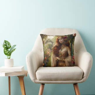 Pre-Raphaelite gilded woman 2 in garden Kissen