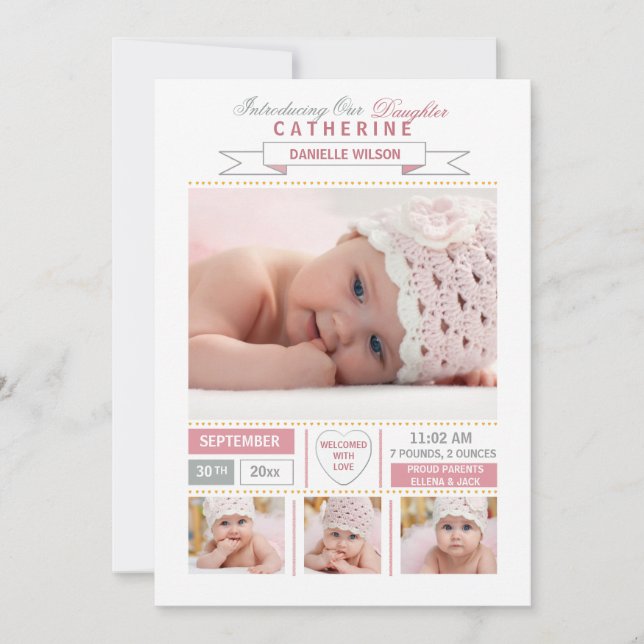 Précieux Arrivée rose Faire-part de naissance phot (Devant)