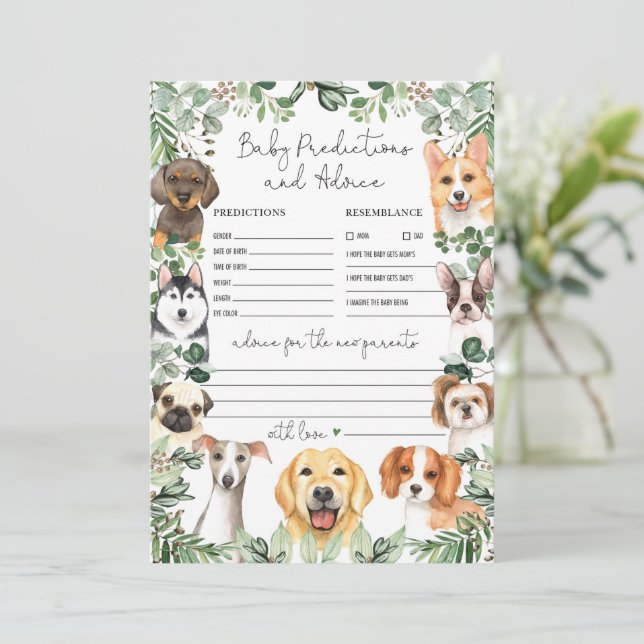 Predictions & Advice Dogs Baby Shower Game Card Einladung (Stehend Vorderseite)