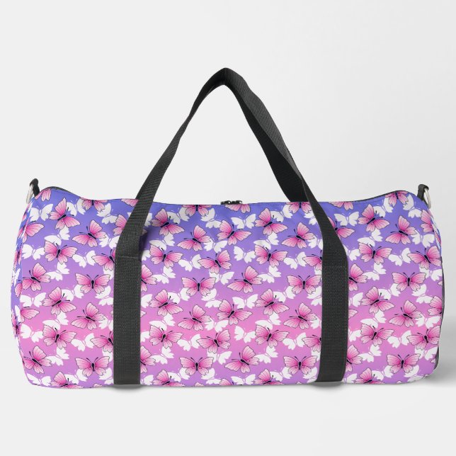 Preety Pink and White Butterfly Pattern Duffel Bag Duffle Bag (Vorderseite)