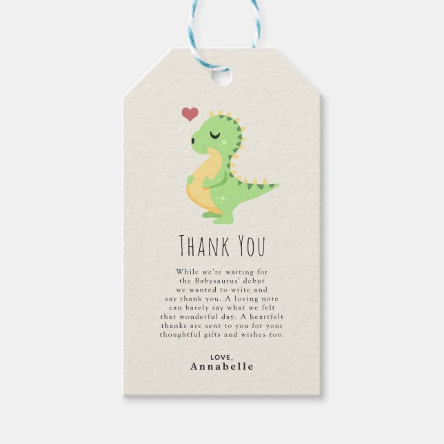 Preggosaurus Niedlich Dinosaur Babydusche Danke Geschenkanhänger (Vorderseite)