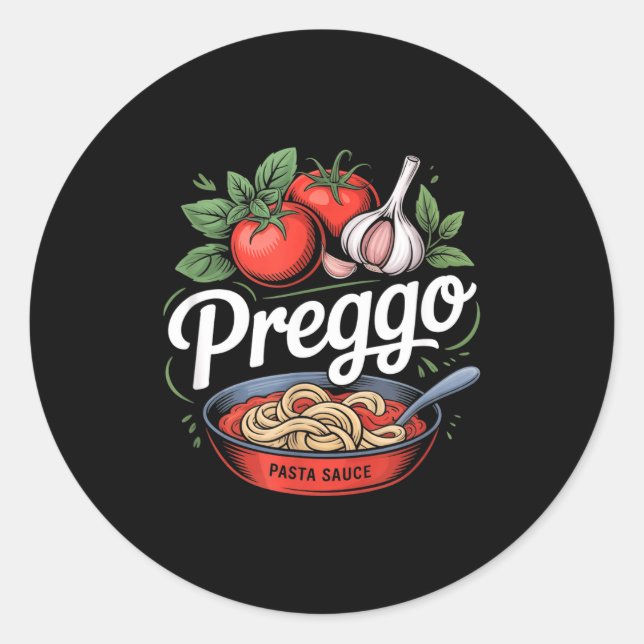 Pregnancy Announcement Prego Pasta Sauce Funny Pre Runder Aufkleber (Vorderseite)