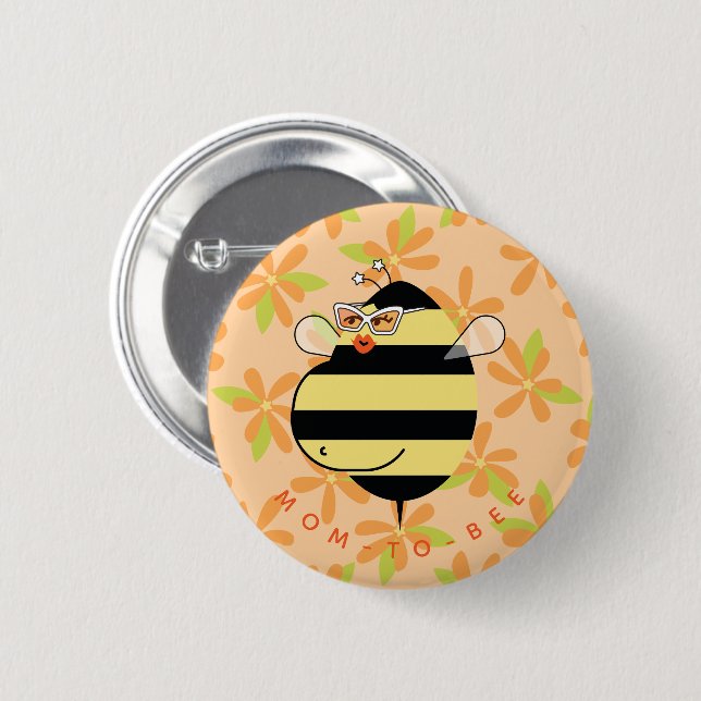 Pregnant Mom-to-Bee with Glasses Orange Floral  Button (Vorne & Hinten)
