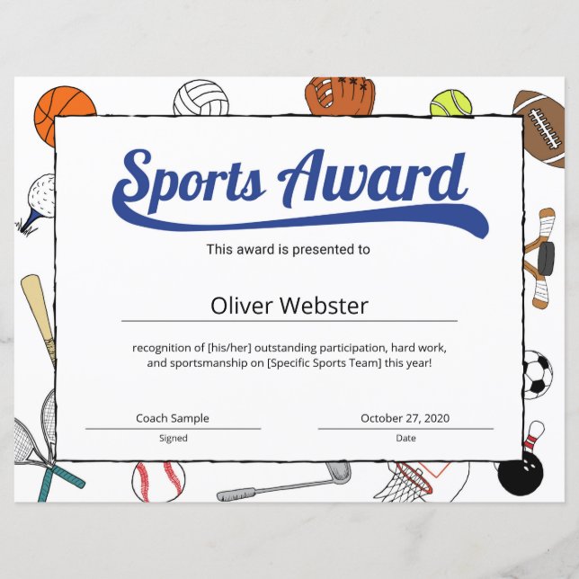 Preis für das Blue Sports Certificate Vorlagen (Vorderseite)
