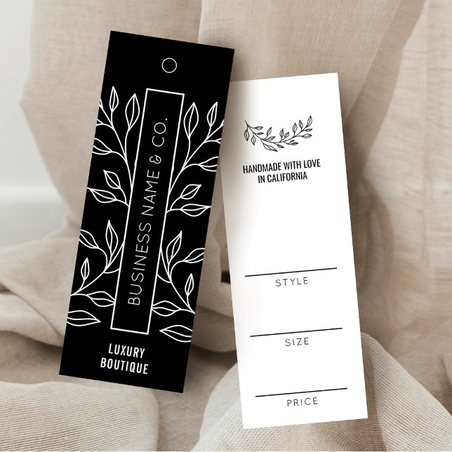 Preis für Schwarz-Weiß-Boutique Mini Visitenkarte (Modern black floral thin clothing labels with your custom brand name & garment info)