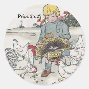 Preisaufkleber für Vintage Mädchen und Hühner