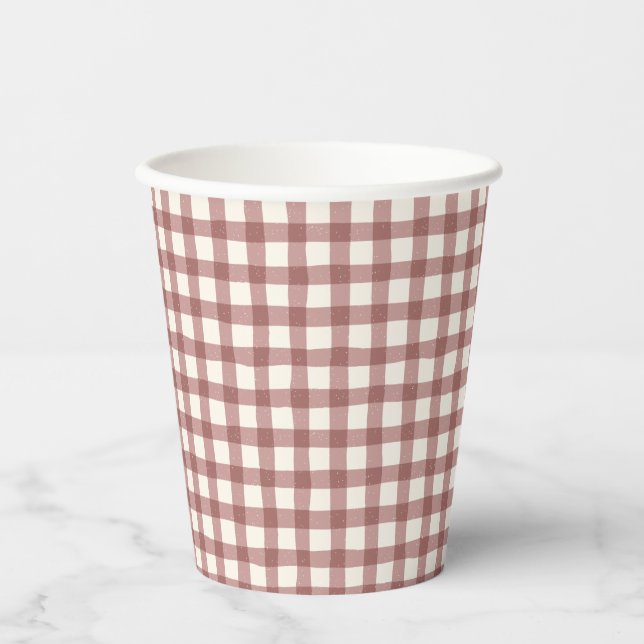 Preiselbeer-Gingham Rot-Maroon Pappbecher (Vorderseite)
