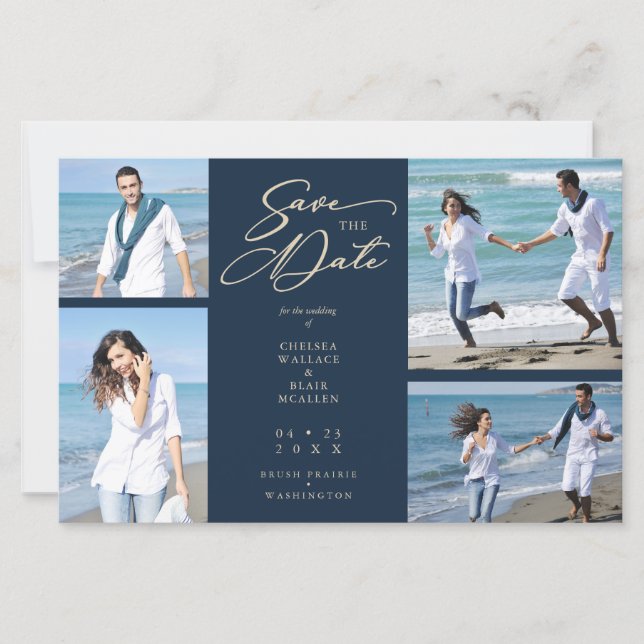 Preisgünstige Navy Trendy Collage Wedding 4 Fotos (Vorderseite)
