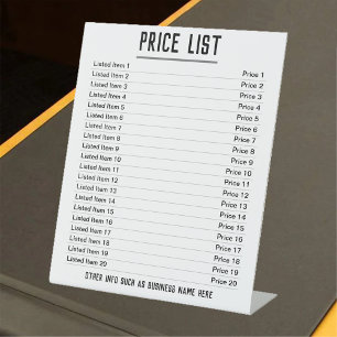 Preisliste. Bis zu 20 Artikel und Preise auf einem Sockelschild