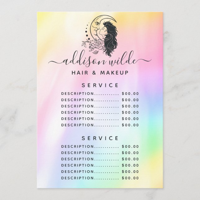 Preisliste der Celestial Mystic Moon Goddess Menükarte (Vorderseite)