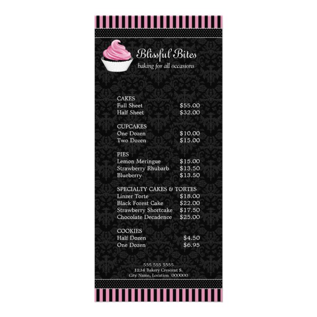 Preisliste des eleganten Cupcake Bakery Werbekarte (Vorne)