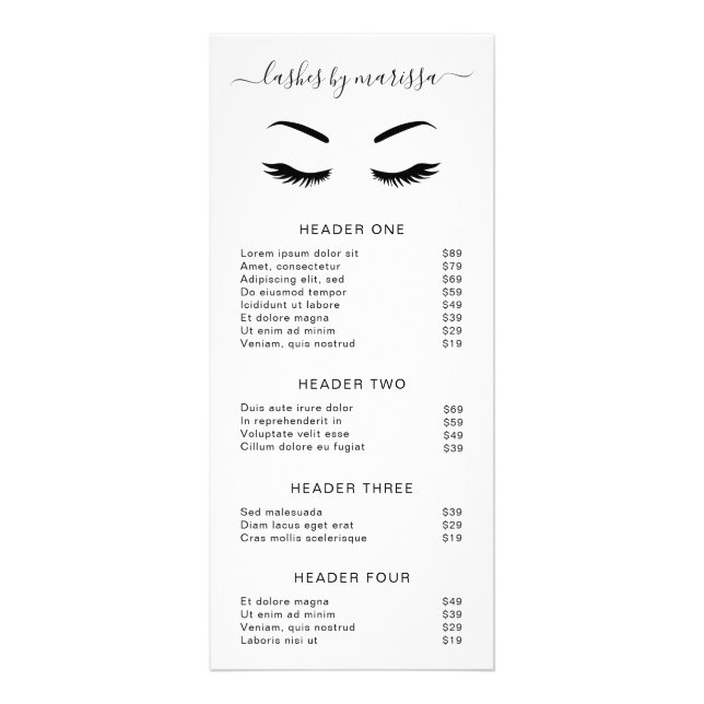 Preisliste des Minimalistischen Schönheitssalons L Werbekarte (Vorne)