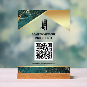 Preisliste des Teal Marble Hair Makeup Salons als Acrylschild