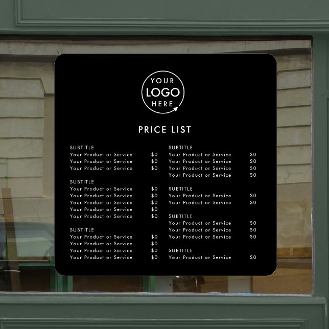 Preisliste | Firmenlogo Schwarz Moderne Minimalist Fensteraufkleber (A simple practical solution for presenting your products or services with clarity & style.)