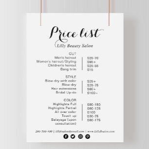 Preisliste für Calligraphy Beauty Salon
