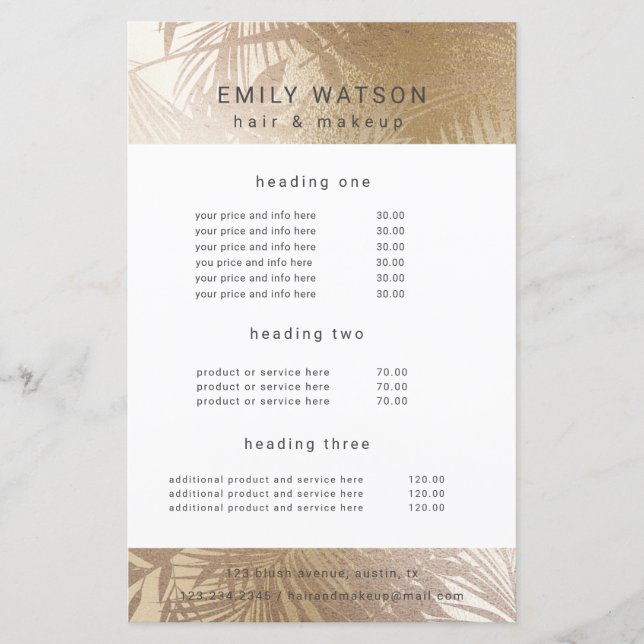 Preisliste für elegante Imitate für Goldsalon (Vorderseite)