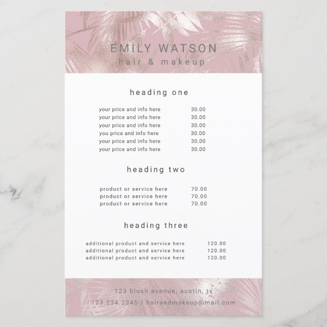 Preisliste für elegante Imitate Rose Goldsalon (Vorderseite)