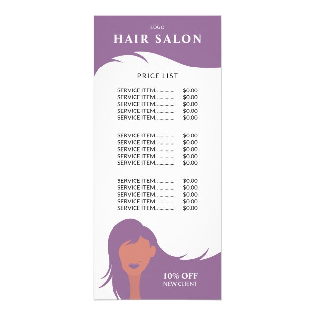 Preisliste für Friseursalon Lila Friseurmodell Werbekarte (Vorne)