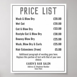 Preisliste für Friseursalon Poster