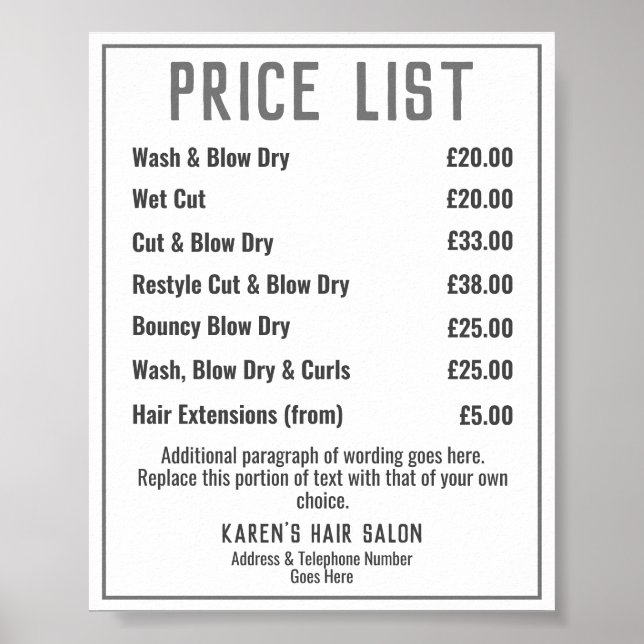 Preisliste für Friseursalon Poster (Vorne)