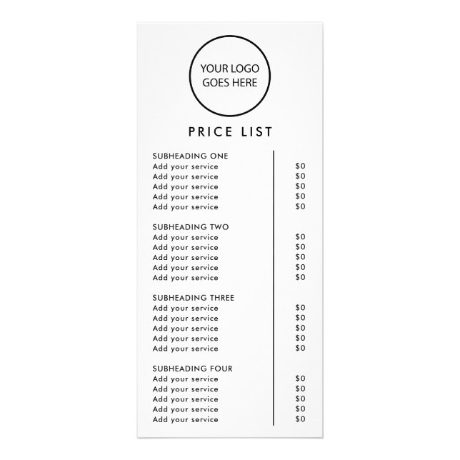 Preisliste für Minimalistische Logos Werbekarte (Vorne)