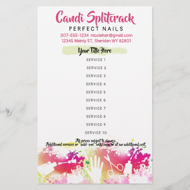 Preisliste für Nagetierkünstlermaniküre Pediküre Flyer (Vorne)