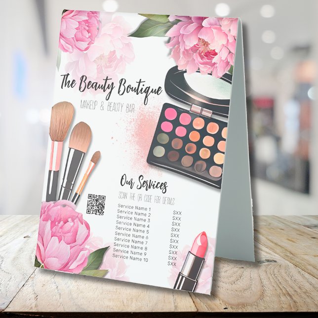 Preisliste für Schönheitssalon Tischaufsteller (Beauty Salon Makeup Artist Services Price Menu Table Tent Sign)