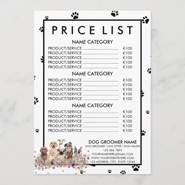 Preisliste für Schwarz-weiße Hunde Menükarte (Vorderseite)