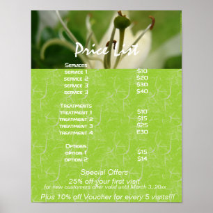 Preisliste für White Lily Zen-Dienstleistungen Poster