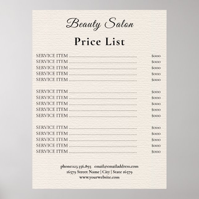 Preisliste Vintage Beauty Salon Poster (Vorne)