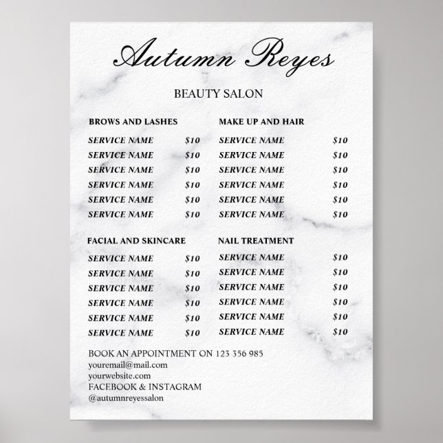 Preisliste Vintage-Schönheitssalon Poster (Vorne)